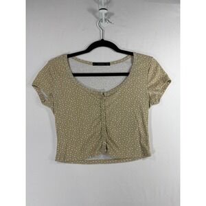 Hesperus Floral Crop Top Women Size S Tan Button Front Ribbed Short Sleeve Exc
